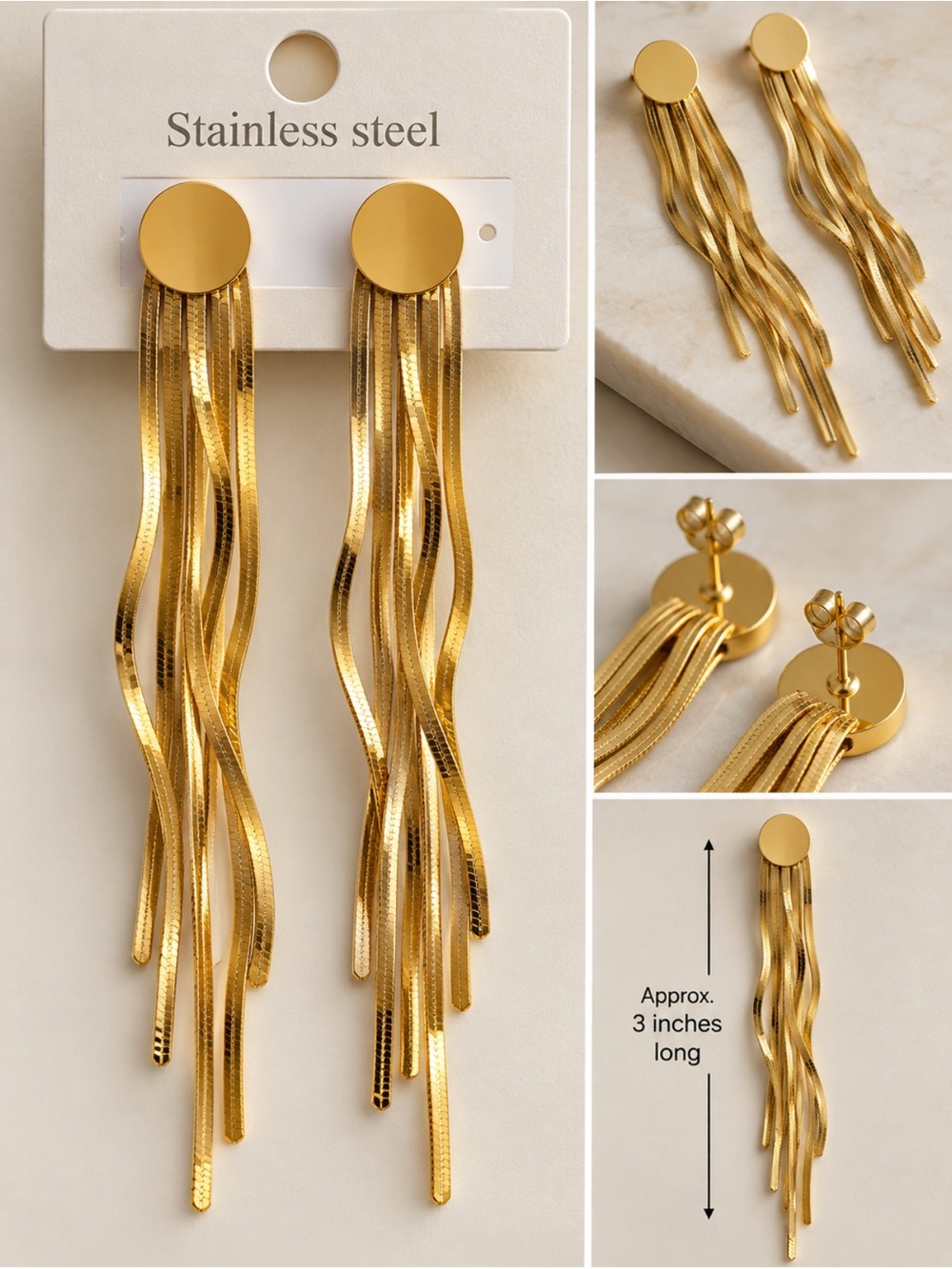 Gold Stainless Steel Tassel Drop Earrings - Women Jewelry